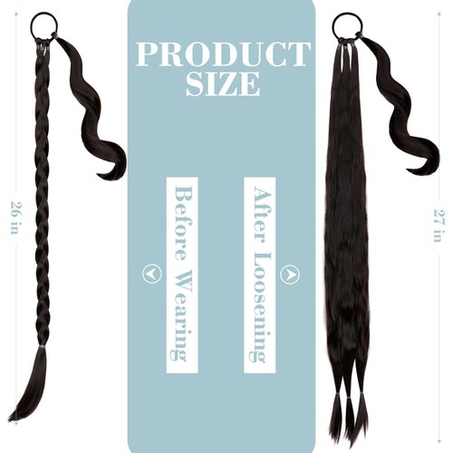 FELENDY 26" 30" Ponytail Extension Braided Long Straight Wrap Around Braiding Pony tails Hair Extensions Natural Soft Fishtail Braid for Women (26 inch,Dark Brown)