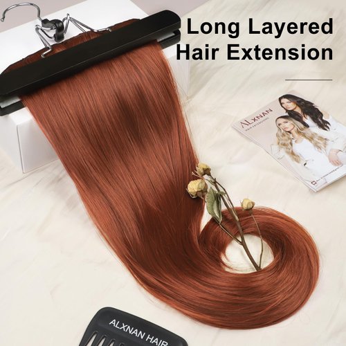 ALXNAN Clip in Hair Extension, 7PCS Hair Extension Thick Long Stright Layered Hair Extensions Copper 20 Inch Invisible Lace Weft Hair Extensions for Women
