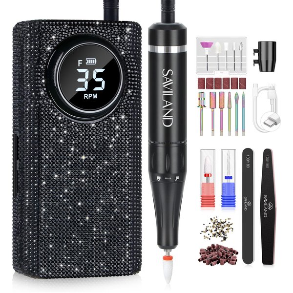 SAVILAND Electric Nail Drill Professional: Nail Drill Kit 35000RPM 13 Drill Bits Nail Tech Professional Drill Nail File Buffer Dust Brush Black Crystal Diamond Expert Salon Use Manicure Pedicure
