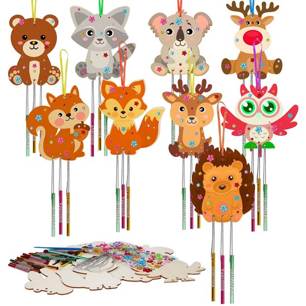 KATOOM 9 Pack Wind Chime Kit for Kids,Fall Craft Kits Autumn Animals Wind Chime Decorative Wooden Hanging Ornaments DIY Painting Craft for Boys Girls Thanksgiving Halloween Party Supplies
