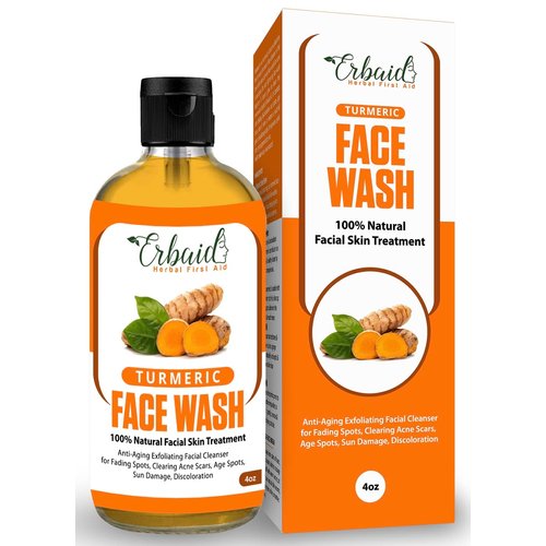 Erbaid Turmeric Face Wash, 4oz Clear Skin Liquid Soap – 100% Natural Exfoliating Turmeric Facial Cleanser – Turmeric Brightening Soap Skin Detox Treatment Made in USA