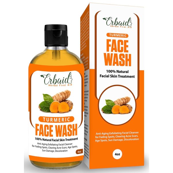 Erbaid Turmeric Face Wash, 4oz Clear Skin Liquid Soap – 100% Natural Exfoliating Turmeric Facial Cleanser – Turmeric Brightening Soap Skin Detox Treatment Made in USA