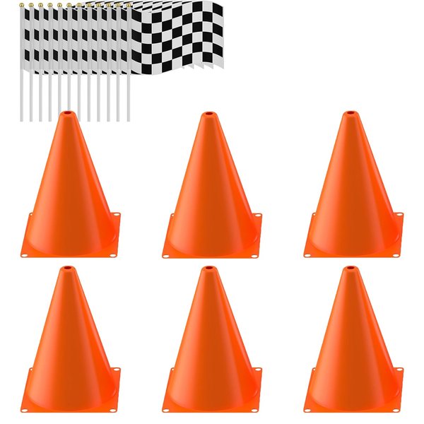 Traffic Cones with Racing Checkered Flags-8 Traffic Cones With Hole on Top, 16 Checkered Flags, Race Car Birthday Party Supplies, Table Centerpiece Decorations, Kids Gift (18PCS)