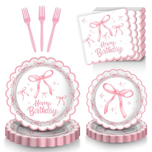 96Pcs Special-Shaped Pink Bow Birthday Party Supplies,Coquette Birthday Decorations Include 7"and9" Birthday Bow Plates,Napkins and Forks,Pink Bow Decor for Girl Bachelorette and Birthday Party Decor