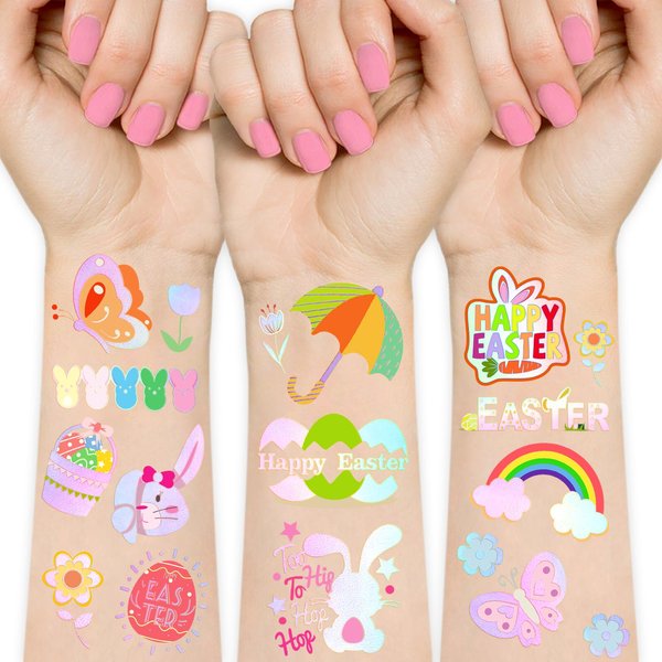 91PCS Easter Temporary Tattoos for Kids Women, Easter Bunny Egg Chick Baskets Fake Tattoos Stickers, Waterproof Tiny Temporary Tattoos for Easter Holiday Party Favor Decorations