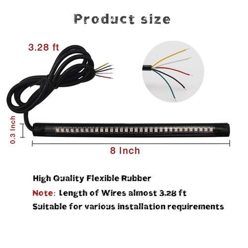 LivTee Universal 8" Flexible LED Light Strip with Tail Brake Stop Turn Signal Lights All-in-one for Motorcycle Scooter Quad Cruiser Off Road, Red/Amber