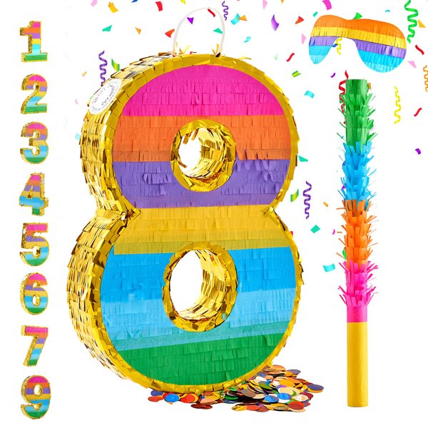 MUWOOB Rainbow Number 8 Pinata for 8th Birthday Party Decorations, Fiesta, Kids Anniversary Celebration, Birthday Pinata with Stick, Blindfold and Confetti (Small, 16.5 x 11.5 x 3 In)