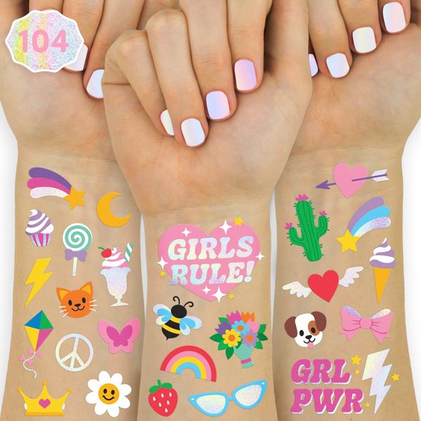 xo, Fetti 104 Kids Temporary Tattoos | Birthday Girl Party Favors, DIY Home Activity, Gift, Cute Temp Tats, Princess, Girl Power, Flower, Rainbow