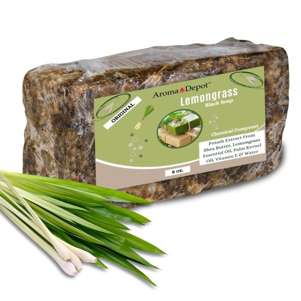 Aroma Depot African Black Soap 8 oz. Scented Lemongrass Bar Handmade with Shea Butter, Essential Oil. 100% Natural Infused Soap For Face and as a Body Wash