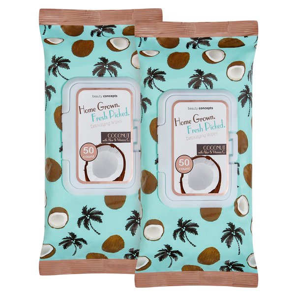BEAUTY CONCEPTS Coconut Facial Wipes | Pack of 2, 100 Count, Facial Cleaning Cloths Removes Makeup Mascara Dirt and Oil, Flip Top Pack (Coconut with Aloe & Vitamin C)