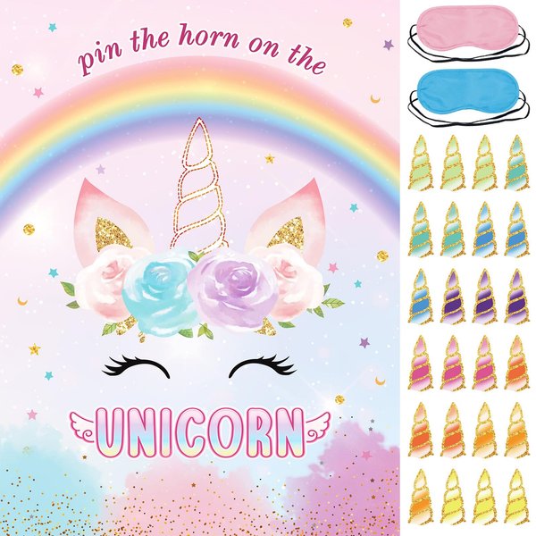 Pin The Tail on The Unicorns Party Game with 24 PCS Tails for Kids Girls Birthday 21'' x 28'' (Unicorns)