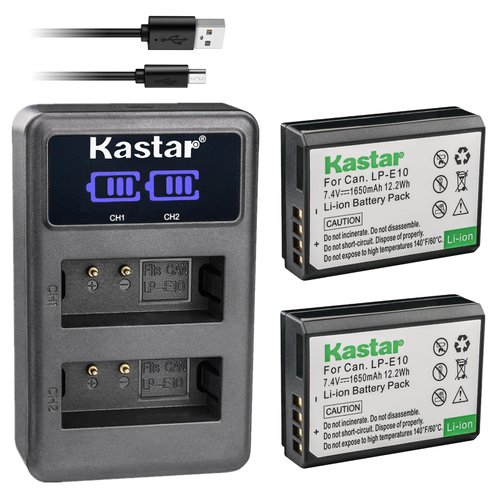 Kastar Battery (X2) & LCD Dual Slim Charger for LP-E10, LC-E10 and EOS 1100D, EOS 1200D, EOS Rebel T3, EOS Rebel T5, EOS Kiss X50, EOS Kiss X70 DSLR Camera & LPE10 Grip