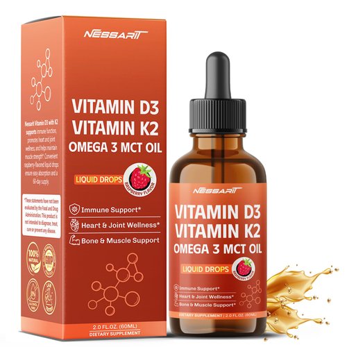 NESSARIT Vitamin D3 10,000 IU & K2 150mcg Liquid Drops with Omega 3 MCT Oil - Immune Support, Heart & Joint Wellness, Bone & Muscle Support - Raspberry Flavor - Made in USA - 2.0 fl oz (60ml)