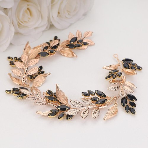 BERYUAN Rhinestone Leaves Wedding Hair Vine Crystal Rhinestone Gold Leaves Hair Vine Women Wedding Hair Accessories Crystal Rhinestone Wedding Headpiece for Women (black)