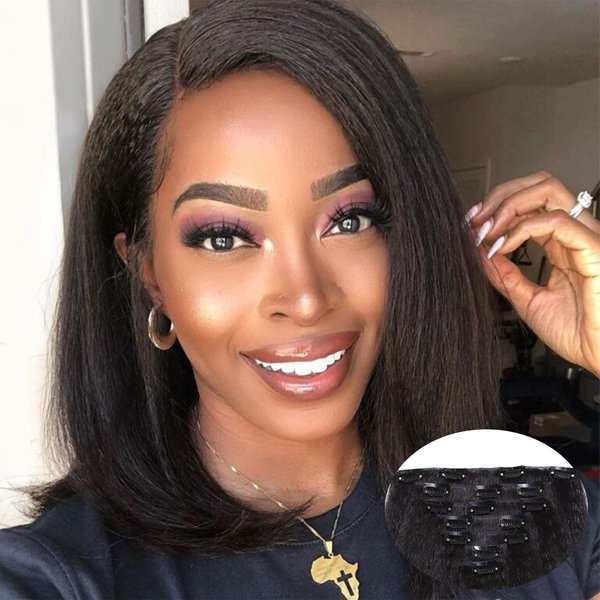 Yargel Hair 14 Inch Kinky Straight Clip in Hair Extensions for Black Women Full Head Yaki Straight Seamless Clip ins Synthetic Hair Pieces(1 pack)