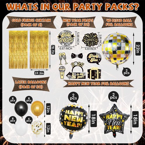 YQUQWN 84 PCS Happy New Year Decorations Set 4D Disco Ball Balloons Happy New Year Banner 2025 Black Gold Party Decorations New Years Eve Party Supplies 2025 New Years Eve Decorations Fringe Curtain