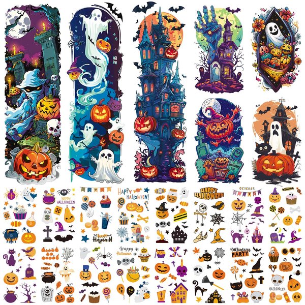 EMOME Halloween Tattoos for Kids, Full and Half Arm Tattoos Set for Halloween Goodie Bags, Kids Sleeve Tattoos Temporary for Boys And Girls Halloween Decorations Supplies Party Favors