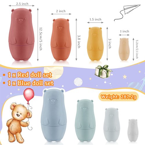 Chivao 8 Pieces Russian Nesting Dolls Silicone Matryoshka Educational Stacking Nesting Dolls for Toddlers Vivid Food Grade Baby Teether for Kids (Bear)