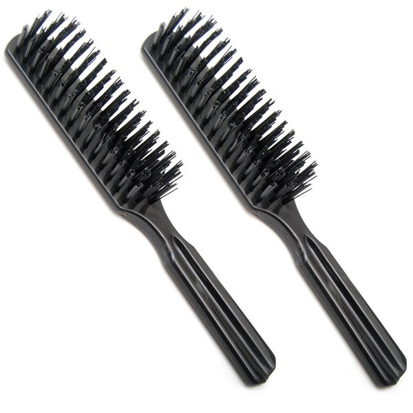 LUXXII (Pack 2) 7.5" Pocket Plastic Handle Nylon Bristles Brushes Hair Comb Designed for All Hair Types (Black)