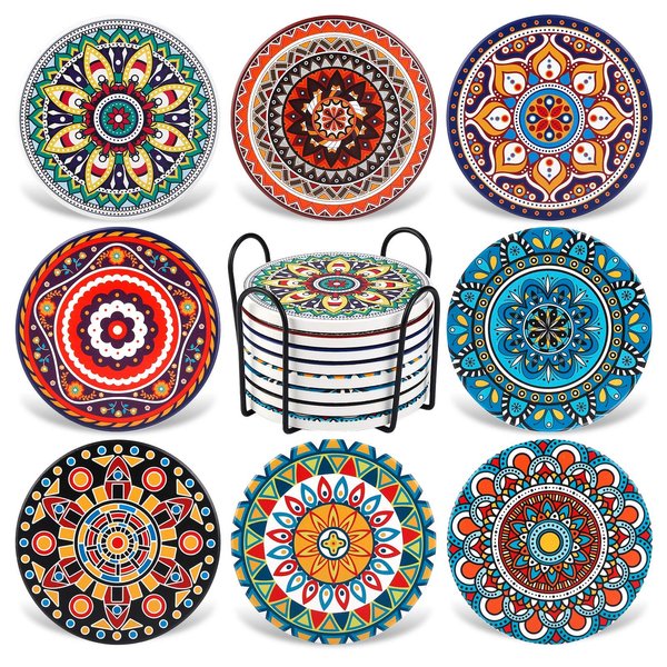AODINI Coasters for Drinks, Set of 8 Absorbent Stone Coasters for Wooden Table, Mandala Ceramic Coasters with Cork Base, Gift for Housewarming Birthday and Family - Great Home and Dining Room Decor