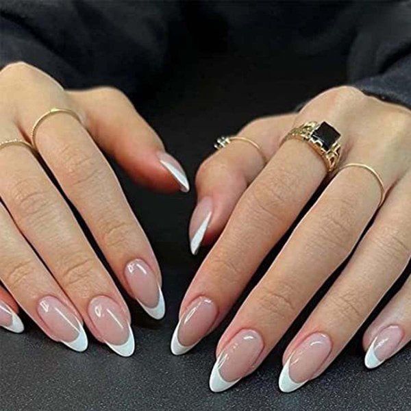 French Tip Press on Nails Medium, White Fake Nails Almond Acrylic False Artificial Nails for Nail Art Manicure Decoration for Women and Girls 24Pcs