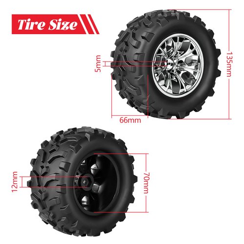 HobbyPark Pre-Glued RC Truck Tires and Chrome Wheels 12mm Hex 1/10 Scale Tyres for Traxxas Hoss 4x4 Stampede 2wd VXL Redcat Volcano EPX Pro 3S 4S Lipo Brushless Monster, 4 Sets