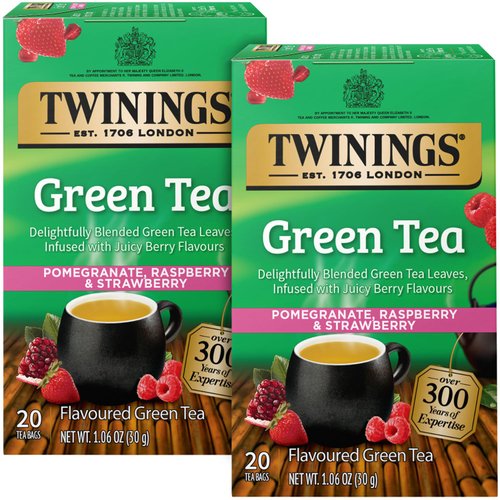 Twinings Green Tea with Pomegranate, Raspberry, and Strawberry - Caffeinated Green Tea Bags Individually Wrapped, 20 Count (Pack of 2) 