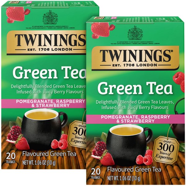 Twinings Green Tea with Pomegranate, Raspberry, and Strawberry - Caffeinated Green Tea Bags Individually Wrapped, 20 Count (Pack of 2) 