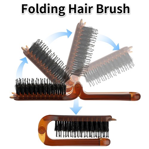 Folding Travel Hair Brush, 2Pcs Travel Brush Portable Boar Bristle Hair Brush Mini Hairbrush Pocket Size Comb for Women Kids Thick Thin Curly Straight Wet Dry Hair