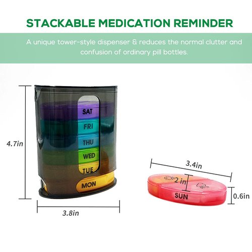 GIIYAA Weekly Pill Organizer (Twice-A-Day), Portable 7 Day Pill Box Case with Stackable AM/PM Compartments for Pills, Vitamin, Fish Oil, Supplements,Rainbow