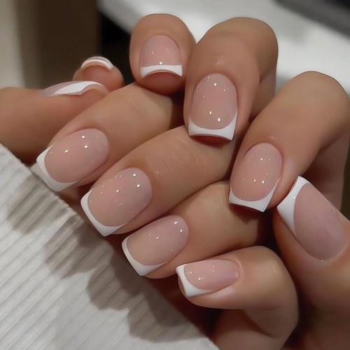 LPOODDNU Short Square Press on Nails French Tip Fake Nails Full Cover White False Nail Tips Exquisite Design Acrylic Glue on Nails Stick on Nails Short Artificial Nails for Women Manicure 24Pcs