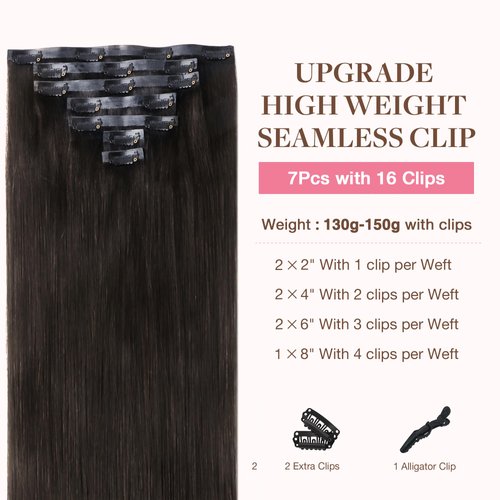 GOO GOO Clip in Hair Extensions Real Human Hair, Remy Human Hair Extensions Clip ins for Women, Natural Human Hair, 16inch 130g 7Pcs, 2 Dark Brown