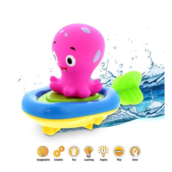 Dollibu Boat Racer Buddy, Fun Educational Bath Toy Finger Puppet Pull and Go Water Racing Sea Life Pal for Shower Pool Bathtub Swim Hard Surface - Baby Toddler and Boy - 6 Inch - 3 in 1 Game - Octopus