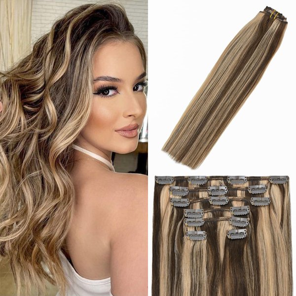 WindTouch Clip in Hair Extensions Balayage Chocolate Brown to Dark Blonde 12Inch 70g Human Hair 7PCS #4p27