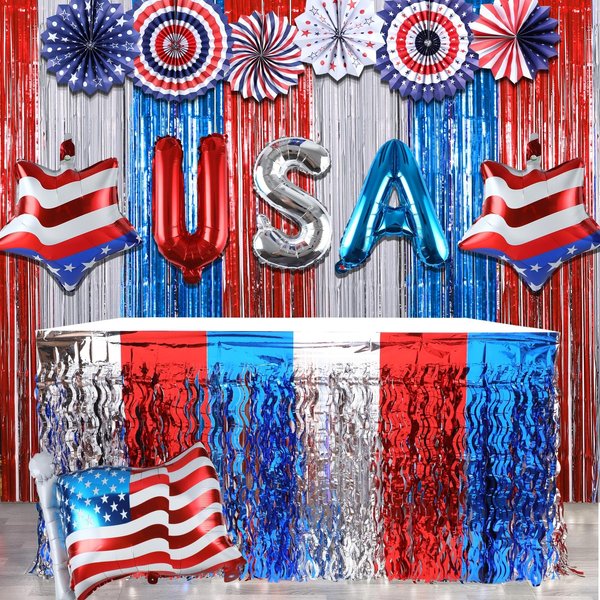 Patriotic Party Supplies Set USA Hanging Paper Fans Foil Fringe Curtains Backdrop Metallic Tinsel Table Skirt USA Flag Foil Balloon for Independence Day Party Supplies