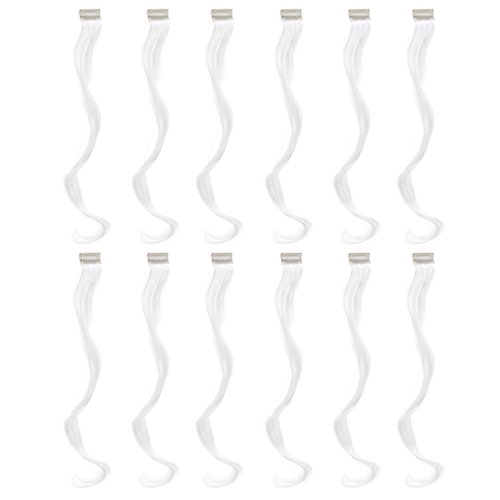 SWACC 12 Pcs Curly Wavy One Color Party Highlights Clip on in Hair Extensions Colored Hair Streak Synthetic Hairpieces (White)