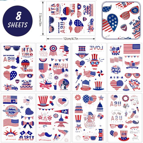 HOWAF 100+ Pcs 4th of July Temporary Tattoos – American Flag Red White and Blue Party Supplies Fourth of July Decorations Silver Glitter Tattoos, American USA Stars and Stripes Waterproof Body Art Stickers