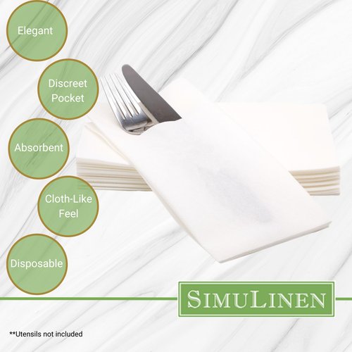 SimuLinen – White – Disposable Dinner Napkins with Discreet Pocket for Utensils - Decorative, Absorbent, Paper Napkins perfect for Silverware, size 17”x17” – Box of 75