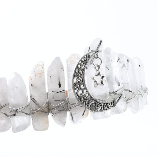 Quartz Crown Raw Crystal Headband Rhinestone Tiara Hair Band with Moon Star Headband for Women Bridal Wedding Tarot Parties (Pale crystal)