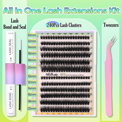 Fluffy Lash Clusters Kit Thick Eyelash Clusters Individual Wispy Volume Lash Extension Kit 10-20MM Cluster Eyelash Extensions with Lash Glue Bond and Seal Tweezers (70D+80D) by Newcally