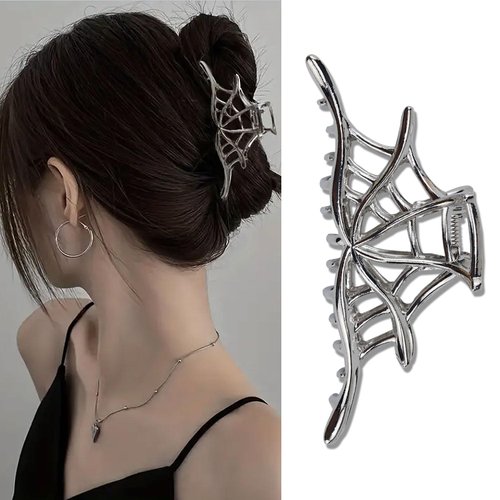 Spider Web Hair Clips Sliver Metal Halloween Hair Accessories for Women Girls Playful Hollow Out Spider Web Hair Claw Clips Hairpins Strong Hold Nonslip Hair Clip for Day of the Dead Decoration 1 Pcs