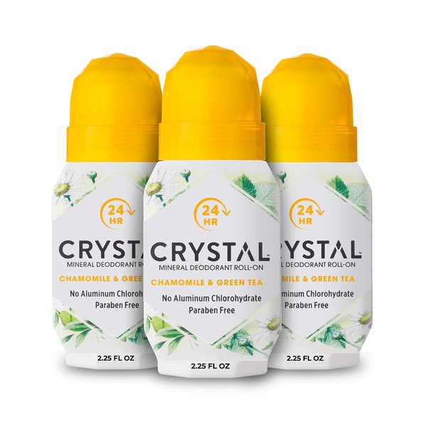 CRYSTAL Mineral Deodorant Roll-On- Body Deodorant With 24-Hour Odor Protection, Non-Staining & Non-Sticky Deodorant with Chamomile & Green Tea, Aluminium Chloride & Paraben Free, 2.25 FL OZ - 3 Pack