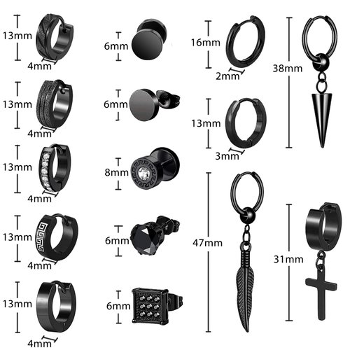 KWUNCCI Earrings for Men, 15 Pairs Men Earrings Hoop, Surgical Stainless Steel Earrings, Black Earrings for Men, Cross Dangle Hoop Earrings Set Fashion Piercing Jewelry