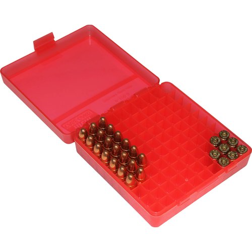 MTM P-100-9-29 Ammo Box 100 Round Flip-Top | Fits 9mm, 380 ACP | Easy to grip | Stackable, Snap Lock Latch | USA Made | Clear Red