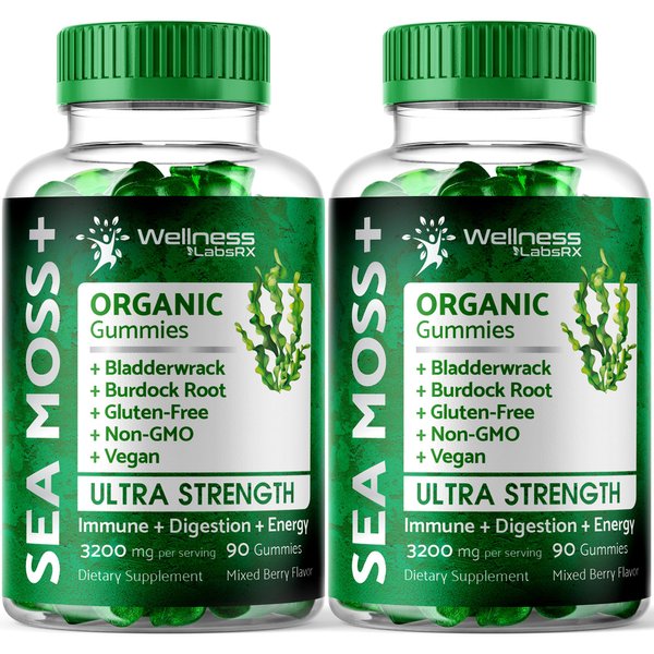 WELLNESS LABSRX Sea Moss Gummies, 3200mg Organic Seamoss, Irish Sea Moss with Maximum Potency Bladderwrack and Burdock Root - Supports Skin and Joint Health - Pack of 2