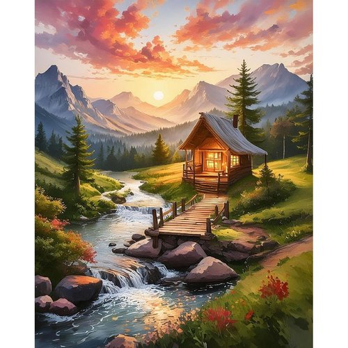 Mountain Paint by Numbers kit for Adults, Cabin Landscape Adult Paint by Number Kits on Canvas, DIY Watercolor Oil Painting Kit for Beginners Adults' Paint-By-Number Kits for Wall Decor 16x20 Inch
