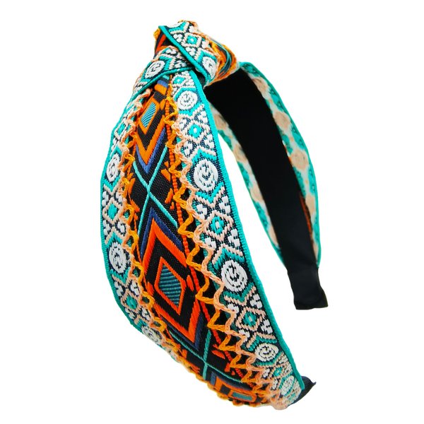 OUTVIE Boho Ethnic Wind Knotted Headbands Handmade Embroidered Green Headbands Non-slip Elastic Vacation Headband for Women