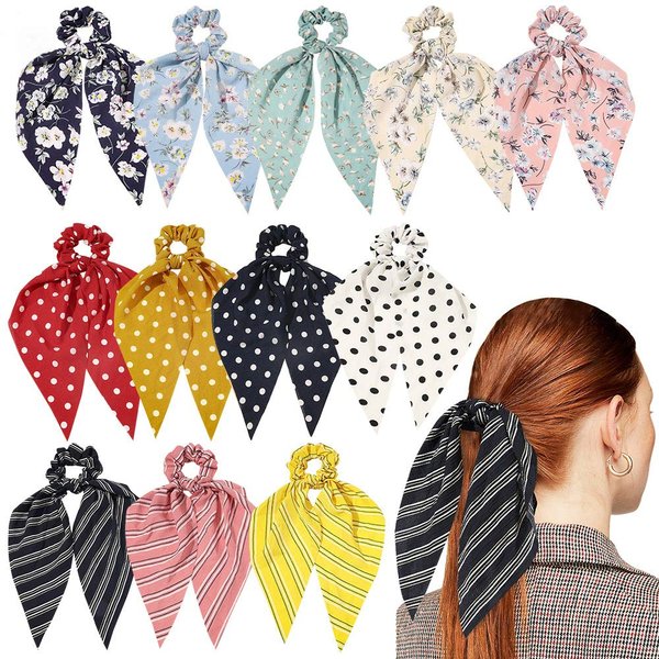 DINPREY 12 PCS Ribbon Bow Scrunchie with Tails Chiffon Floral Scarf Hair Scrunchies Hair Ties Floral Scrunchies Dot Stripe Flower Hair Scarf Scrunchy (Stripes, Dots, Floral B)