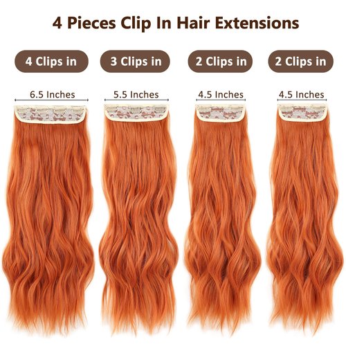 ZRQ Clip in Hair Extensions for Women, 4PCS Clip Ins Long Wavy Curly Hair Extension 20 Inch Synthetic Hair Extension Thick Hairpieces (Copper Red, 20 Inch)