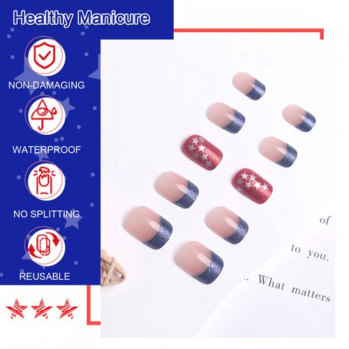 BFY 4th of July Press on Nails Medium Square Fake Nails, French Blue Red Glitter Stars Acrylic Nails, Glossy Gel False Nails Kit Stick Glue on Nails Tip, Independence Day Patriotic Decoration 24 Pcs